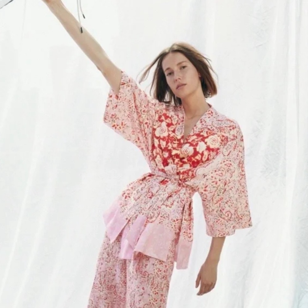 NWT Zara Linen Blend Printed Floral Kimono sz M